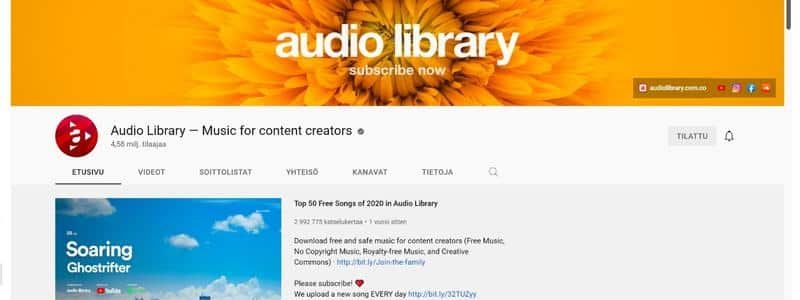 Youtube kanava_ Audio library äänikirjasto